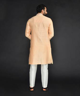 Peach Pure Chanderi Emb. Kurta With Off White Chudidar 2