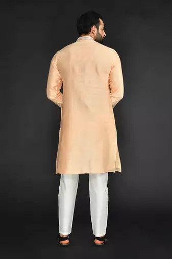 Peach Pure Chanderi Emb. Kurta With Off White Chudidar