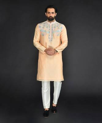 Peach Pure Chanderi Emb. Kurta With Off White Chudidar 1