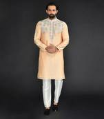 Peach Pure Chanderi Emb. Kurta With Off White Chudidar