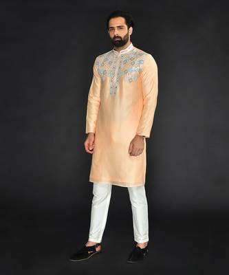 Peach Pure Chanderi Emb. Kurta With Off White Chudidar 3