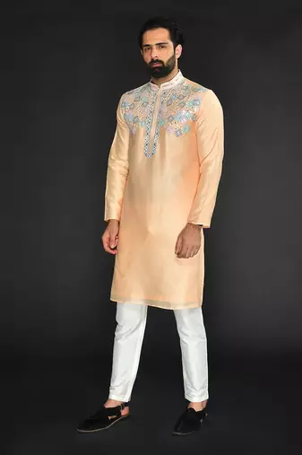 Peach Pure Chanderi Emb. Kurta With Off White Chudidar