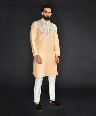 Peach Pure Chanderi Emb. Kurta With Off White Chudidar 4