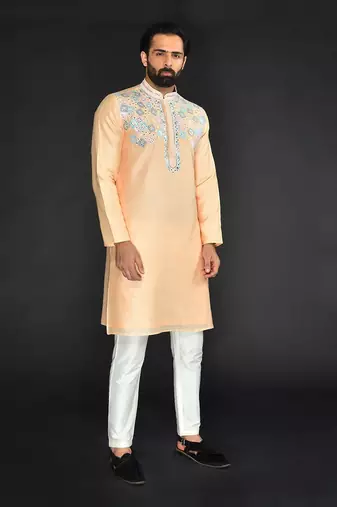 Peach Pure Chanderi Emb. Kurta With Off White Chudidar