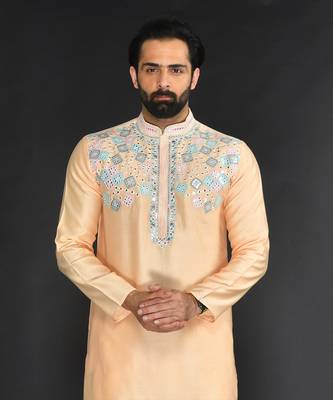 Peach Pure Chanderi Emb. Kurta With Off White Chudidar 5
