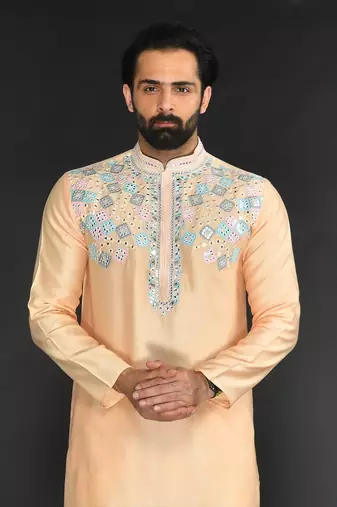 Peach Pure Chanderi Emb. Kurta With Off White Chudidar