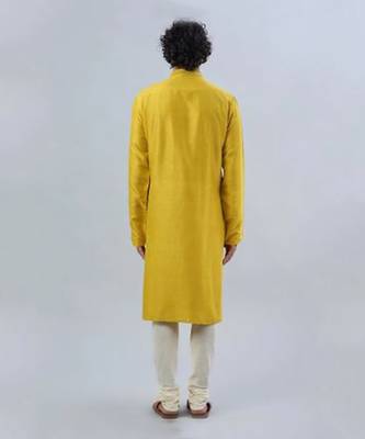 Yellow Pure Chanderi Emb. Kurta With Off White Chudidar 2