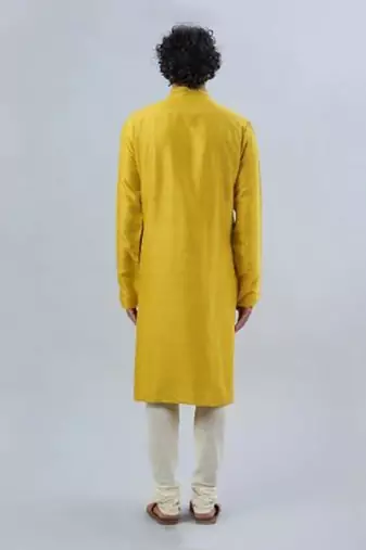 Yellow Pure Chanderi Emb. Kurta With Off White Chudidar