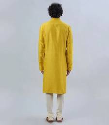 Yellow Pure Chanderi Emb. Kurta With Off White Chudidar