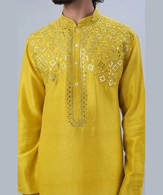 Yellow Pure Chanderi Emb. Kurta With Off White Chudidar 3