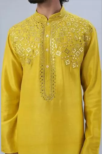 Yellow Pure Chanderi Emb. Kurta With Off White Chudidar