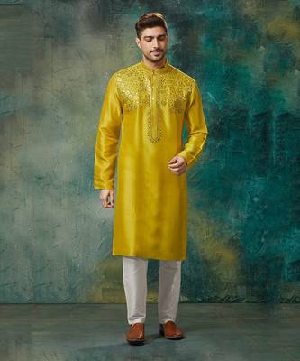 Yellow Pure Chanderi Emb. Kurta With Off White Chudidar 1