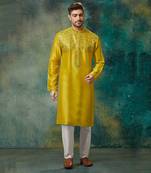 Yellow Pure Chanderi Emb. Kurta With Off White Chudidar