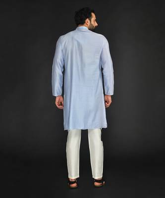Lt Blue Pure Chanderi Emb. Kurta With Off White Chudidar 2