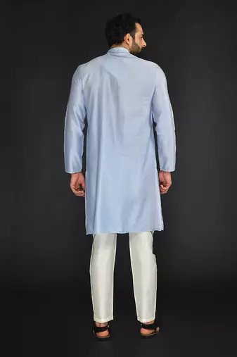 Lt Blue Pure Chanderi Emb. Kurta With Off White Chudidar