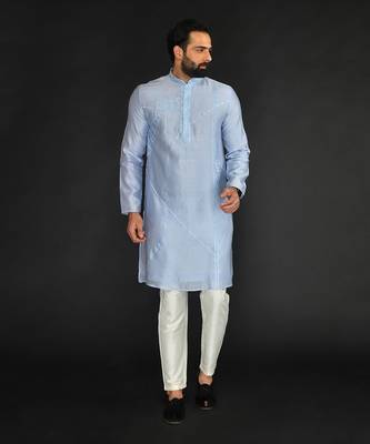 Lt Blue Pure Chanderi Emb. Kurta With Off White Chudidar 1