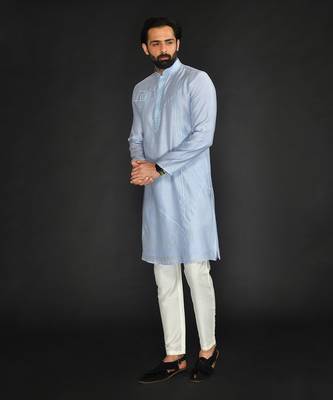 Lt Blue Pure Chanderi Emb. Kurta With Off White Chudidar 3