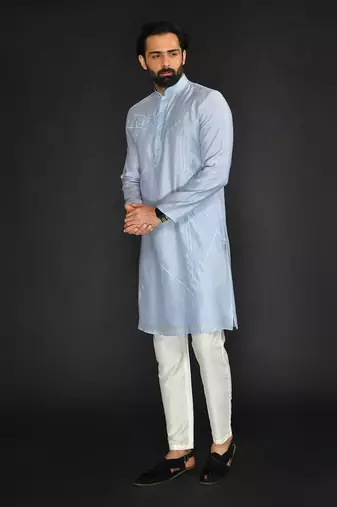 Lt Blue Pure Chanderi Emb. Kurta With Off White Chudidar