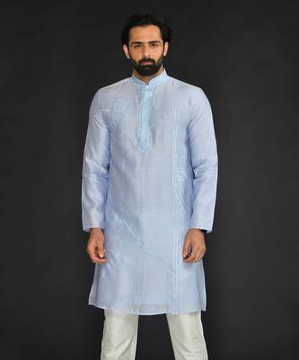 Lt Blue Pure Chanderi Emb. Kurta With Off White Chudidar 4