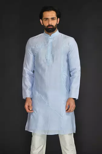 Lt Blue Pure Chanderi Emb. Kurta With Off White Chudidar