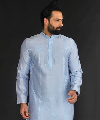Lt Blue Pure Chanderi Emb. Kurta With Off White Chudidar 5