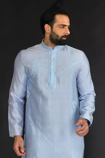Lt Blue Pure Chanderi Emb. Kurta With Off White Chudidar
