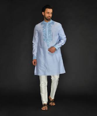 Lt Blue Pure Chanderi Emb. Kurta With Off White Chudidar 1