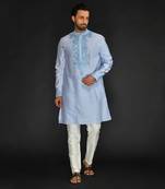 Lt Blue Pure Chanderi Emb. Kurta With Off White Chudidar