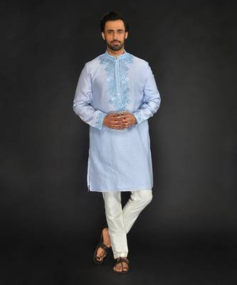 Lt Blue Pure Chanderi Emb. Kurta With Off White Chudidar 2