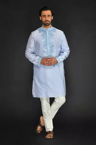 Lt Blue Pure Chanderi Emb. Kurta With Off White Chudidar