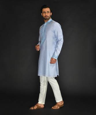 Lt Blue Pure Chanderi Emb. Kurta With Off White Chudidar 3