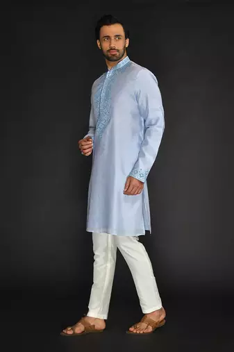 Lt Blue Pure Chanderi Emb. Kurta With Off White Chudidar
