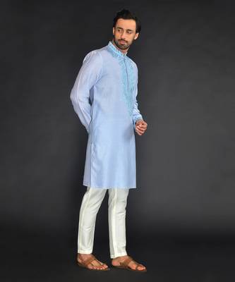 Lt Blue Pure Chanderi Emb. Kurta With Off White Chudidar 4