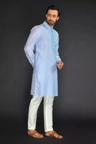 Lt Blue Pure Chanderi Emb. Kurta With Off White Chudidar