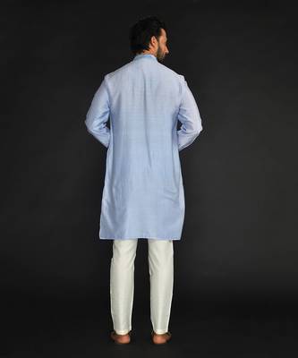 Lt Blue Pure Chanderi Emb. Kurta With Off White Chudidar 5