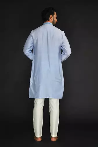 Lt Blue Pure Chanderi Emb. Kurta With Off White Chudidar