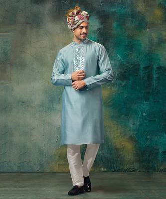 Lt Grey Pure Chanderi Emb. Kurta With Off White Chudidar 1