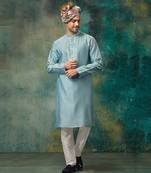 Lt Grey Pure Chanderi Emb. Kurta With Off White Chudidar