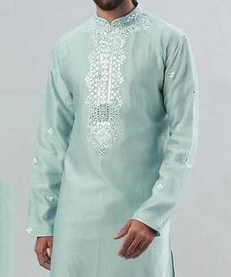 Lt Grey Pure Chanderi Emb. Kurta With Off White Chudidar 3