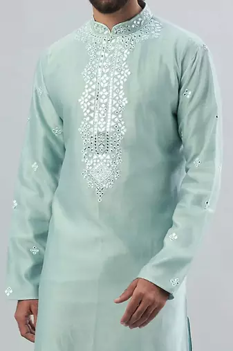 Lt Grey Pure Chanderi Emb. Kurta With Off White Chudidar