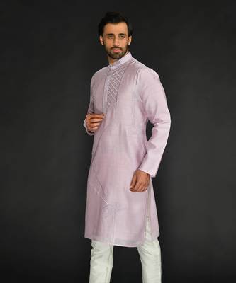 Purple Pure Chanderi Emb. Kurta With Off White Chudidar 3