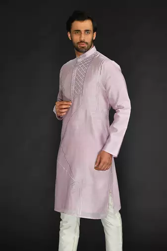 Purple Pure Chanderi Emb. Kurta With Off White Chudidar