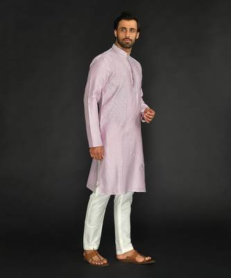 Purple Pure Chanderi Emb. Kurta With Off White Chudidar 1