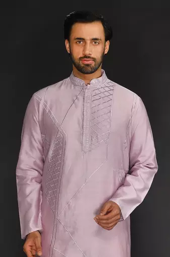 Purple Pure Chanderi Emb. Kurta With Off White Chudidar