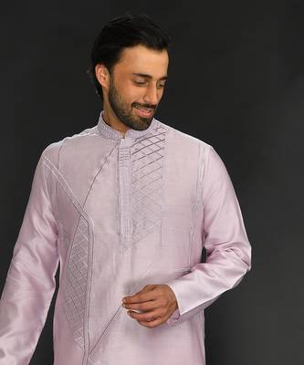 Purple Pure Chanderi Emb. Kurta With Off White Chudidar 5