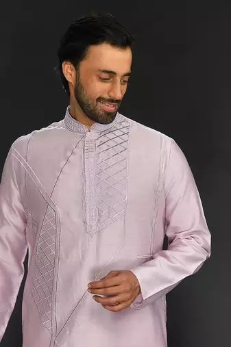 Purple Pure Chanderi Emb. Kurta With Off White Chudidar