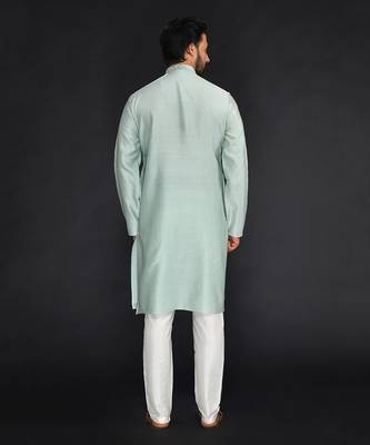 Sea Green Pure Chanderi Emb. Kurta With Off White Chudidar 2