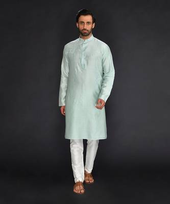 Sea Green Pure Chanderi Emb. Kurta With Off White Chudidar 1