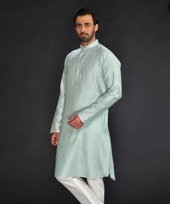 Sea Green Pure Chanderi Emb. Kurta With Off White Chudidar 3