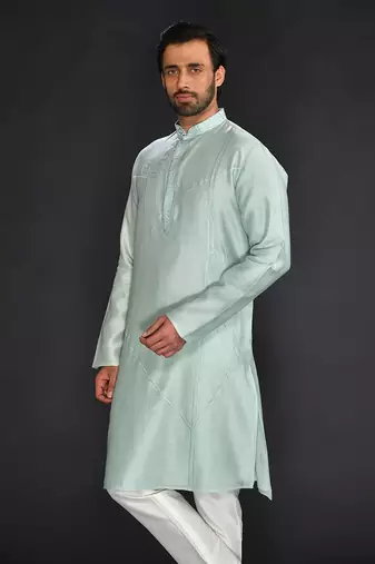 Sea Green Pure Chanderi Emb. Kurta With Off White Chudidar
